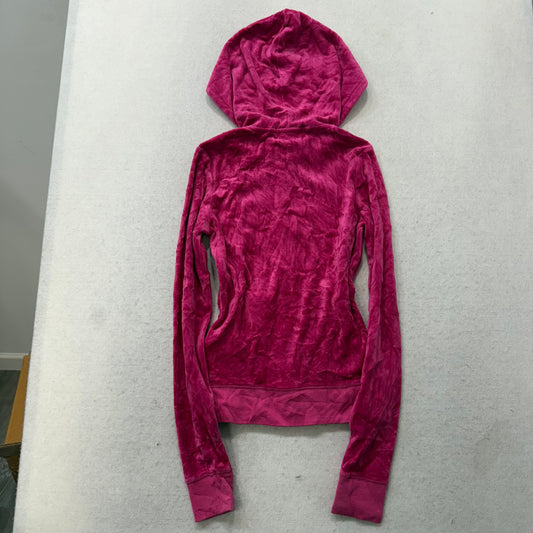 Juicy Couture Women Hot Pink Velour Zip Up Hoodie Split Kangaroo Pockets Size XS