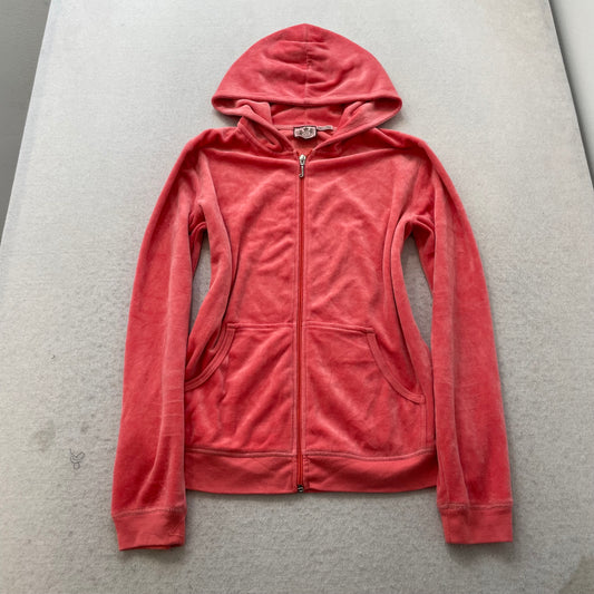 Juicy Couture Womens Coral Velour Zip-Up Hoodie Butterfly Graphic Pockets Size M