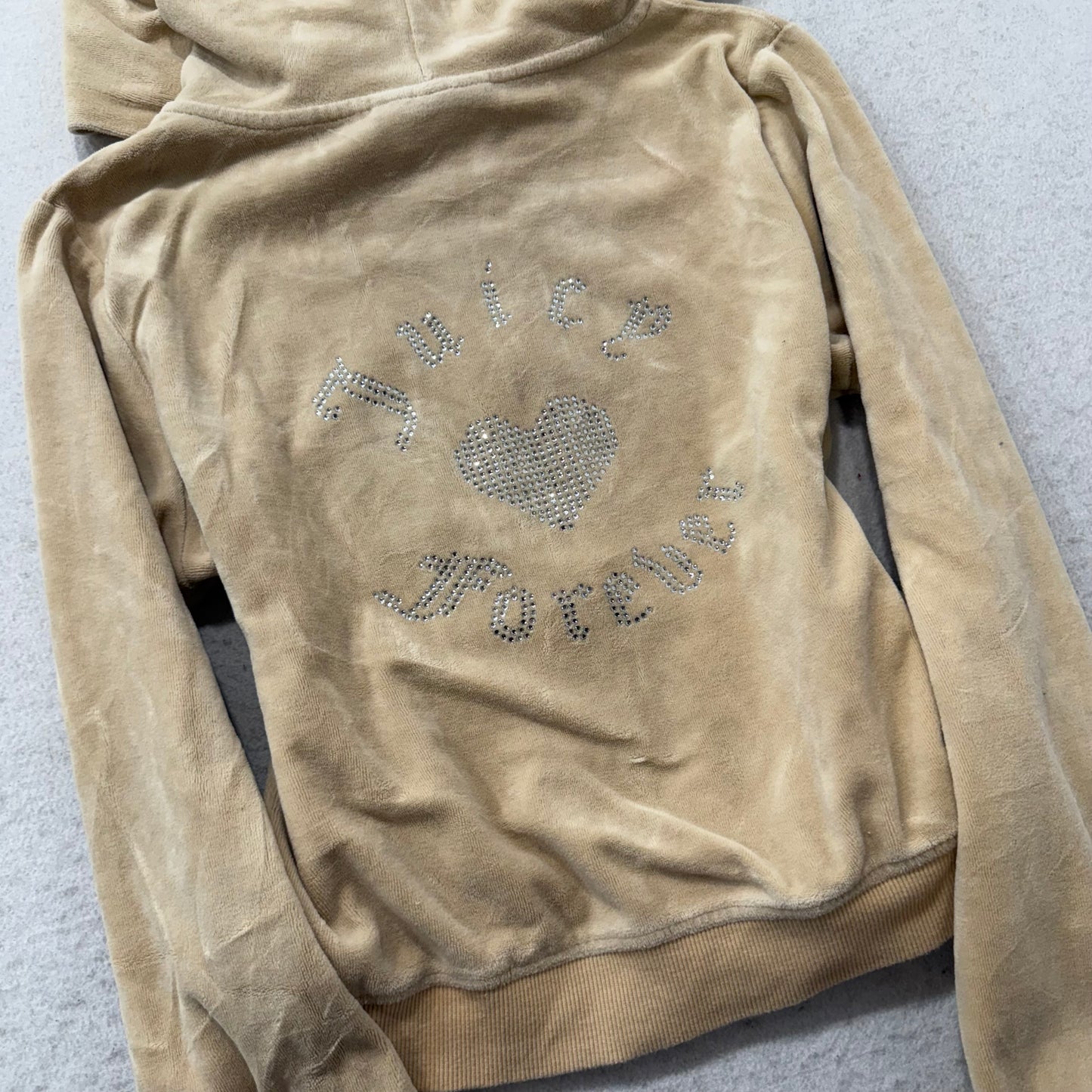 Juicy Couture Forever Women's Camel Velour Zip-Up Hoodie Rhinestones Logo Size L