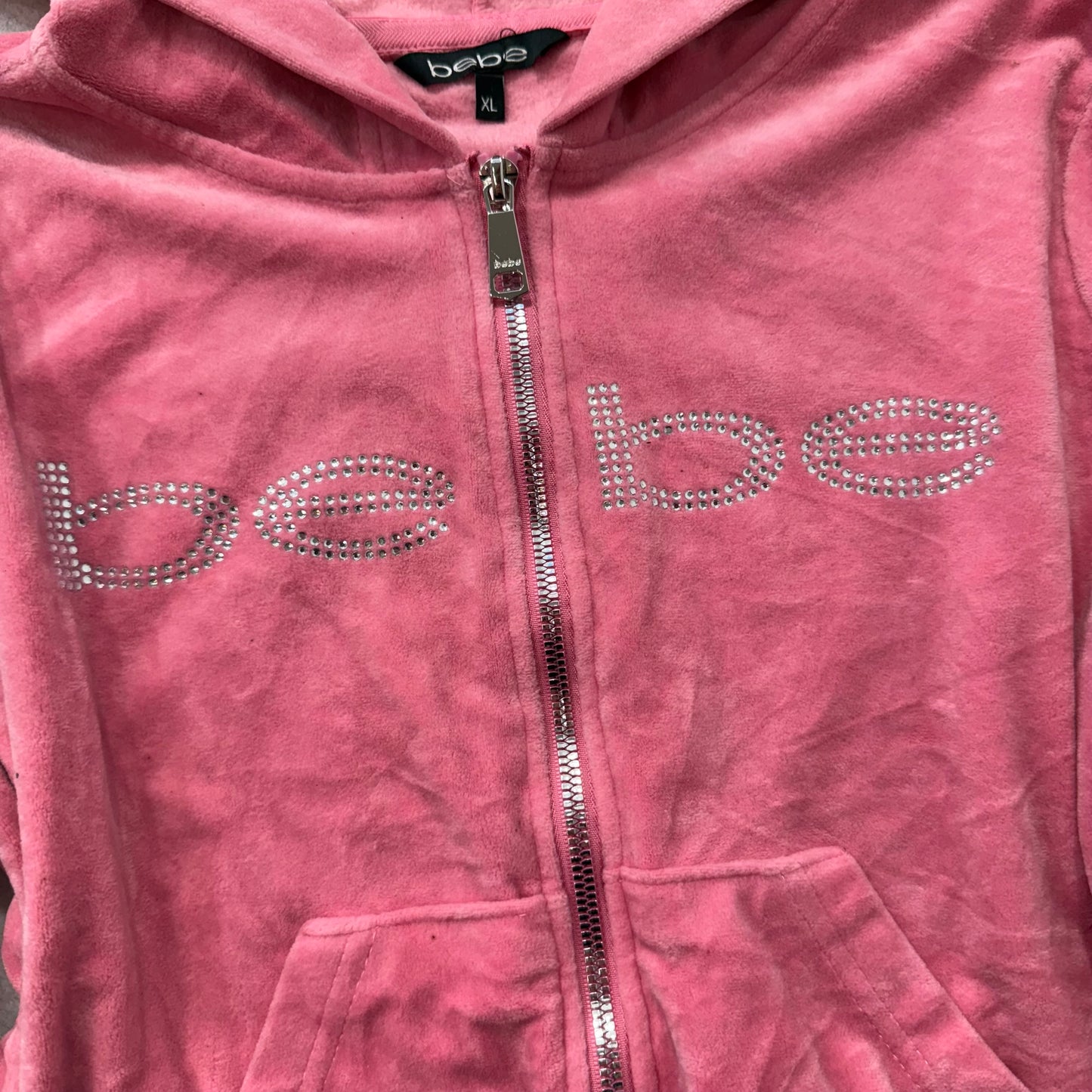 Bebe Women's Candy Pink Velour Full Zip Cropped Hoodie Rhinestones Logo Size XL
