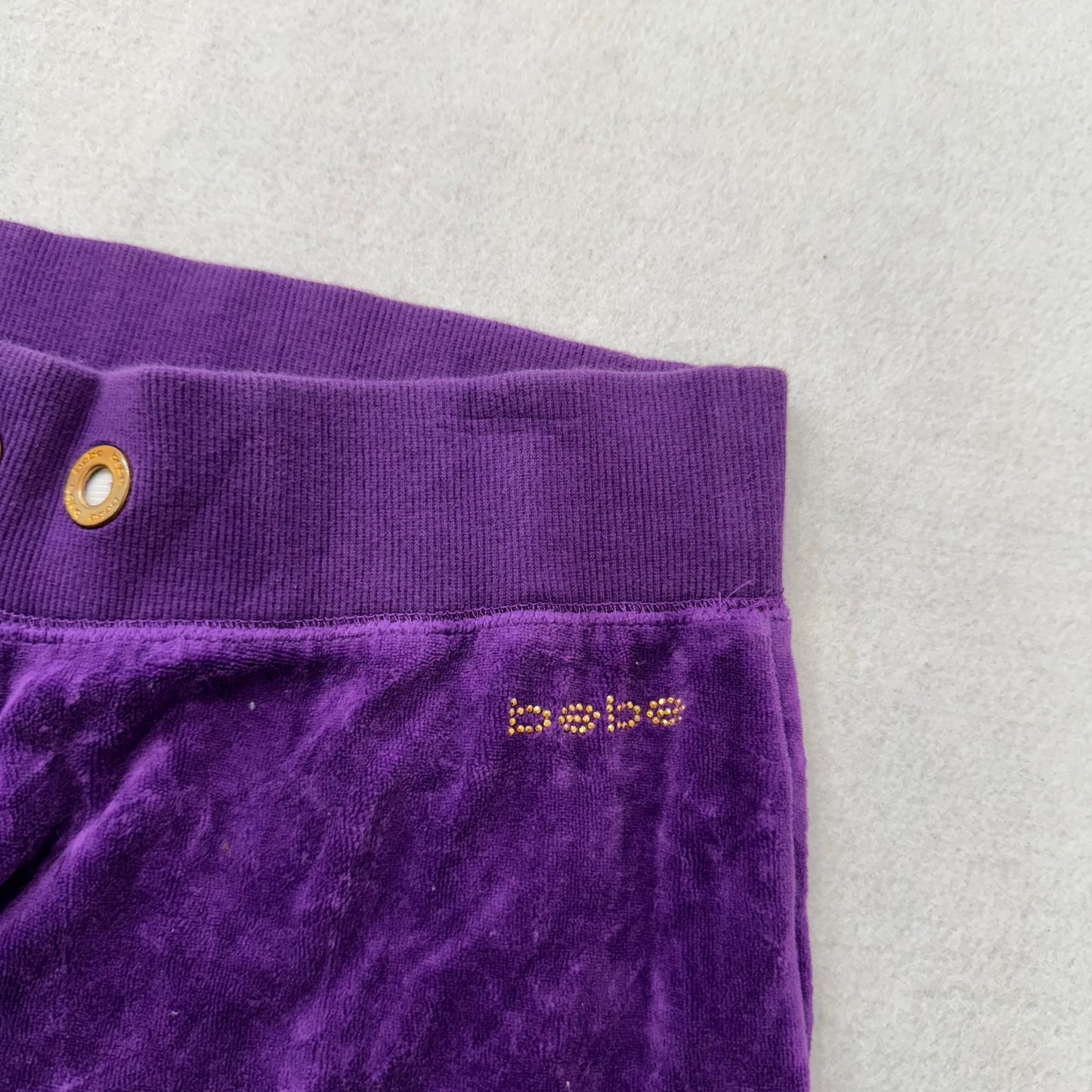 Bebe Women's Purple Velour Flare Wide Leg Track Pant Loungewear Logo Y2K Size XS