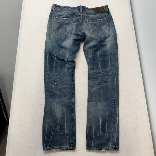 AKOO Medium Blue Distressed Denim Jeans Paint Splatter Ripped Knee Size 36