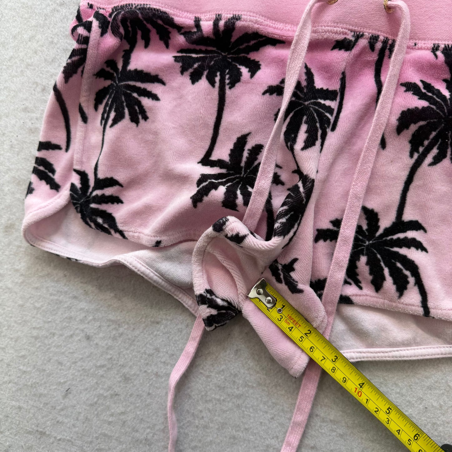 Juicy Couture Womens Pink Black Velour Mini Shorts Palm Tree Print Pocket Size S