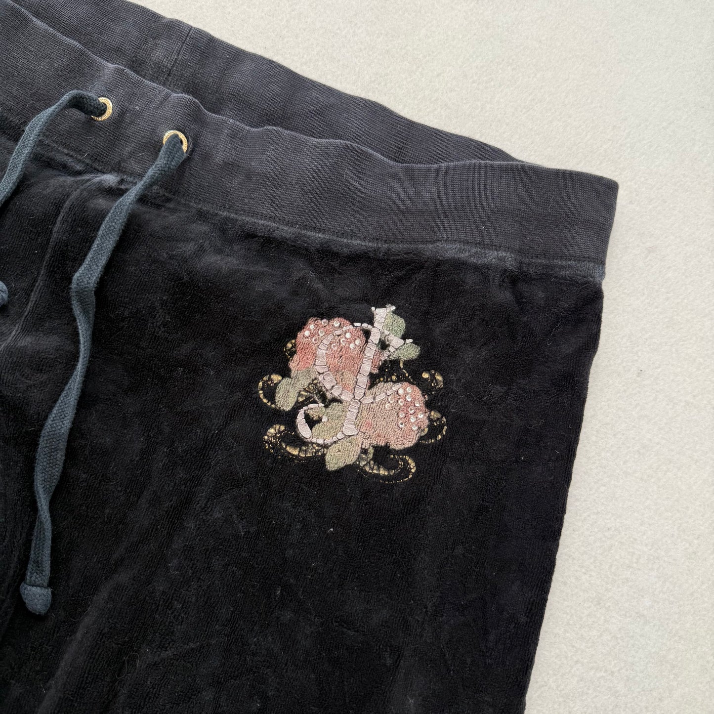 Juicy Couture Women's Jet Black Velour Flared Leg Track Pants Drawstring Size L