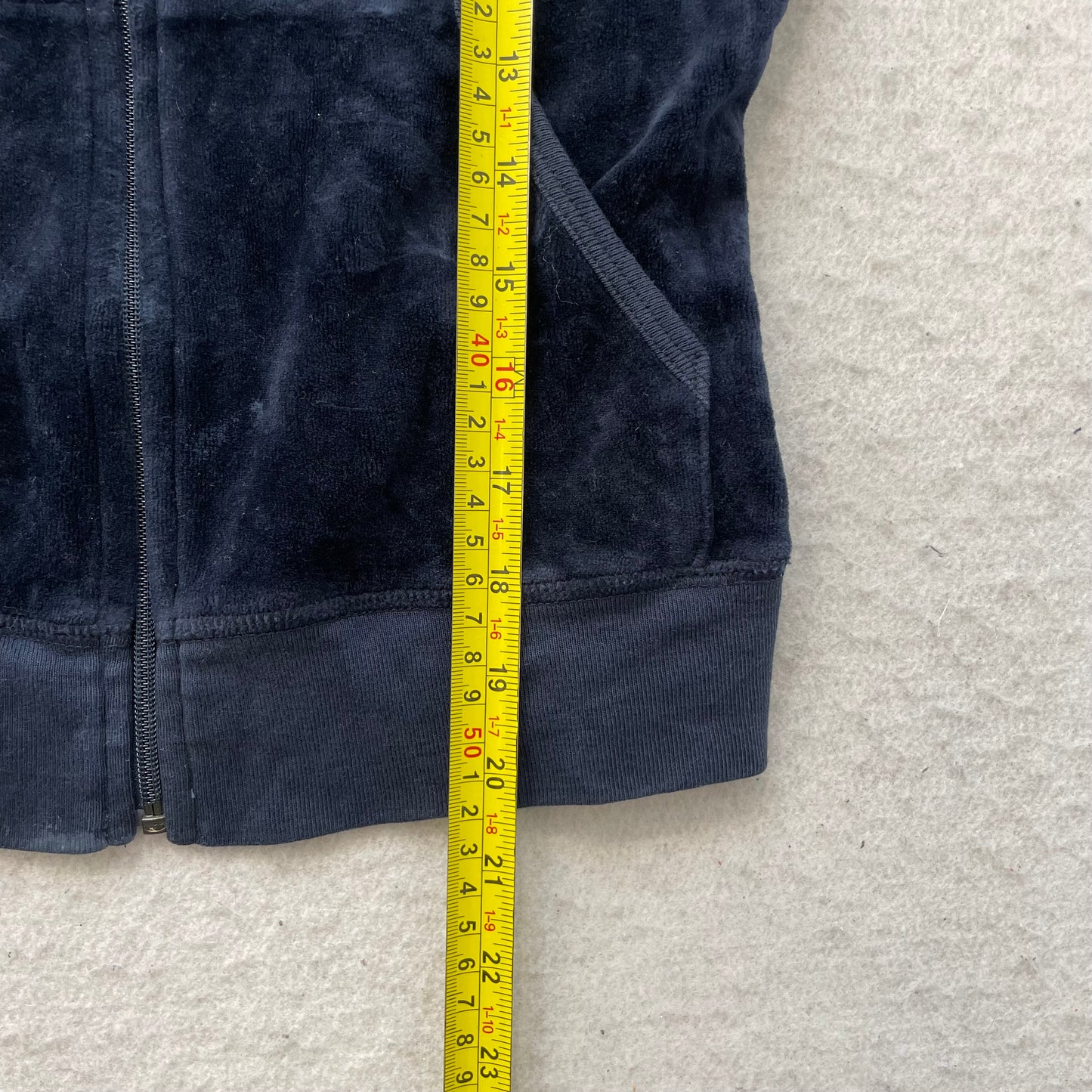 Vintage Juicy Couture Womens Navy Velour Zip-Up Hoodie Back Graphic Print Size S