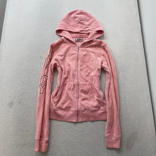 Vintage Juicy Couture Women's Pink Velour Zip Up Hoodie Graphic Logo Y2K Size L