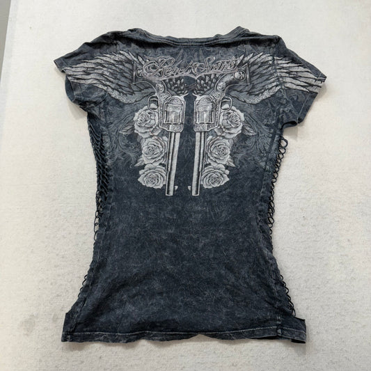 Rebel Saints Women's Charcoal Shirt Short Sleeve Braided Side Graphic Tee Size L