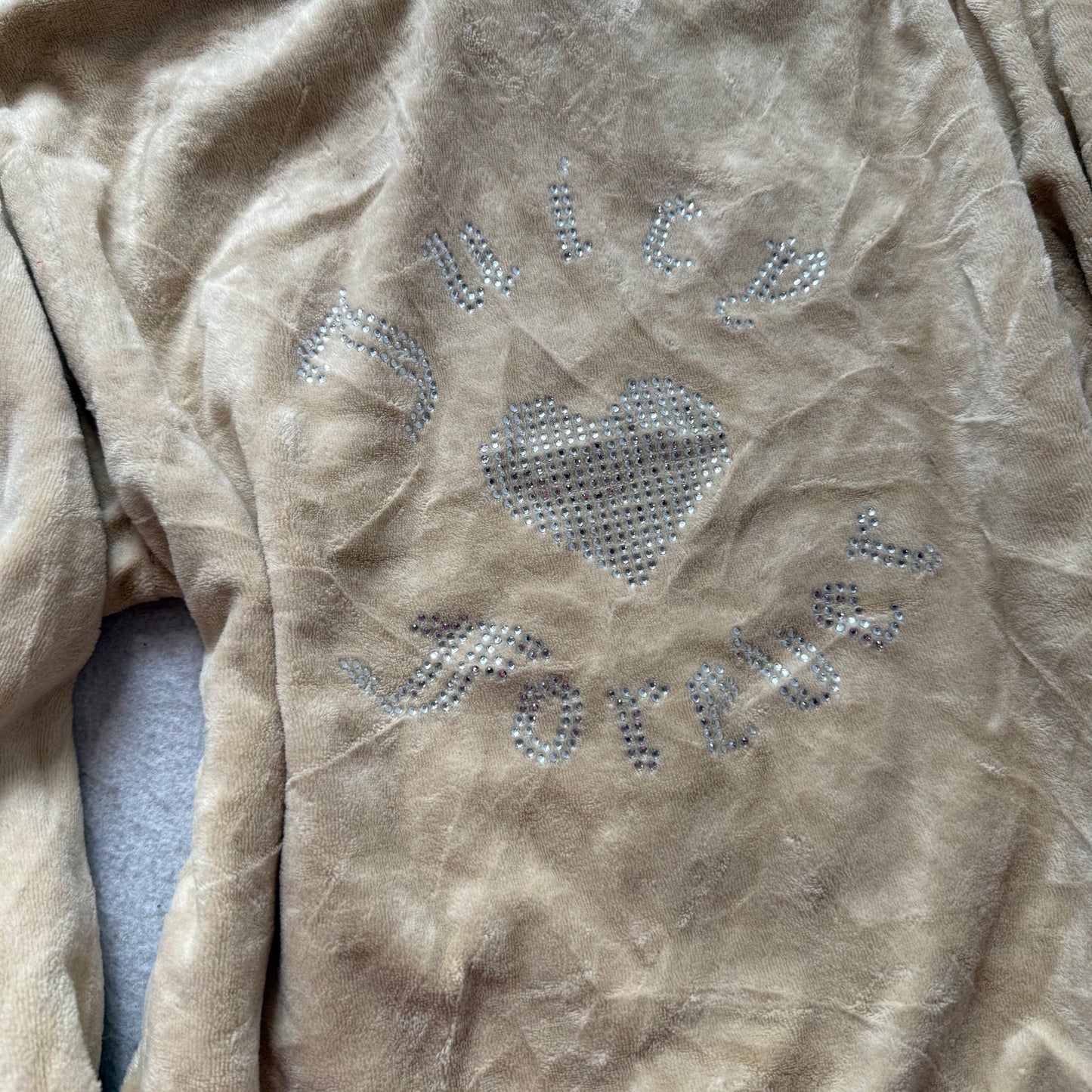 Juicy Couture Forever 21 Women Camel Velour Zip-Up Hoodie Rhinestone Logo Size M