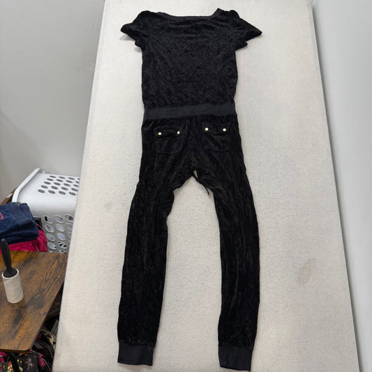 Juicy Couture Women's Black Velour Jumpsuit Set Short Sleeve Drawstring Size S