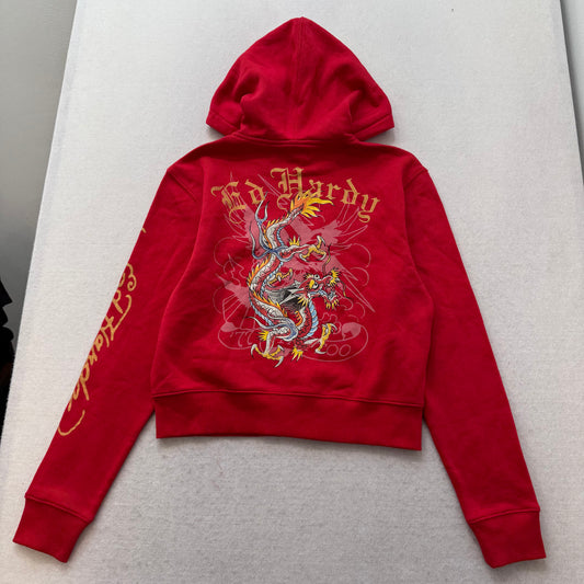 Ed Hardy Women's Red Cotton Full Zip Cropped Hoodie Dragon Graphic Y2K Size M