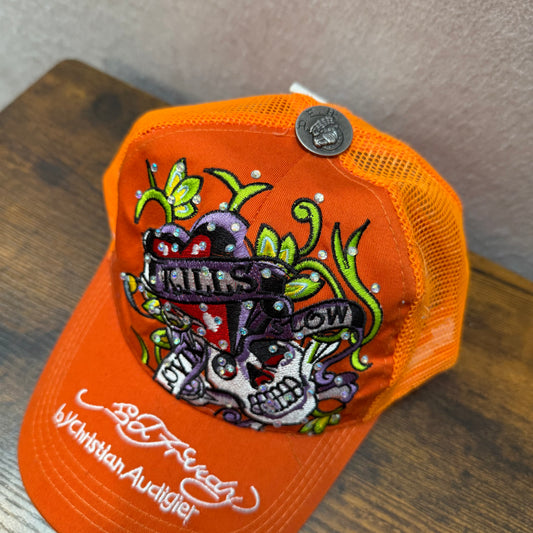 Ed Hardy Christian Audigier Love Kills Slowly Men Orange Embroidered Trucker Hat