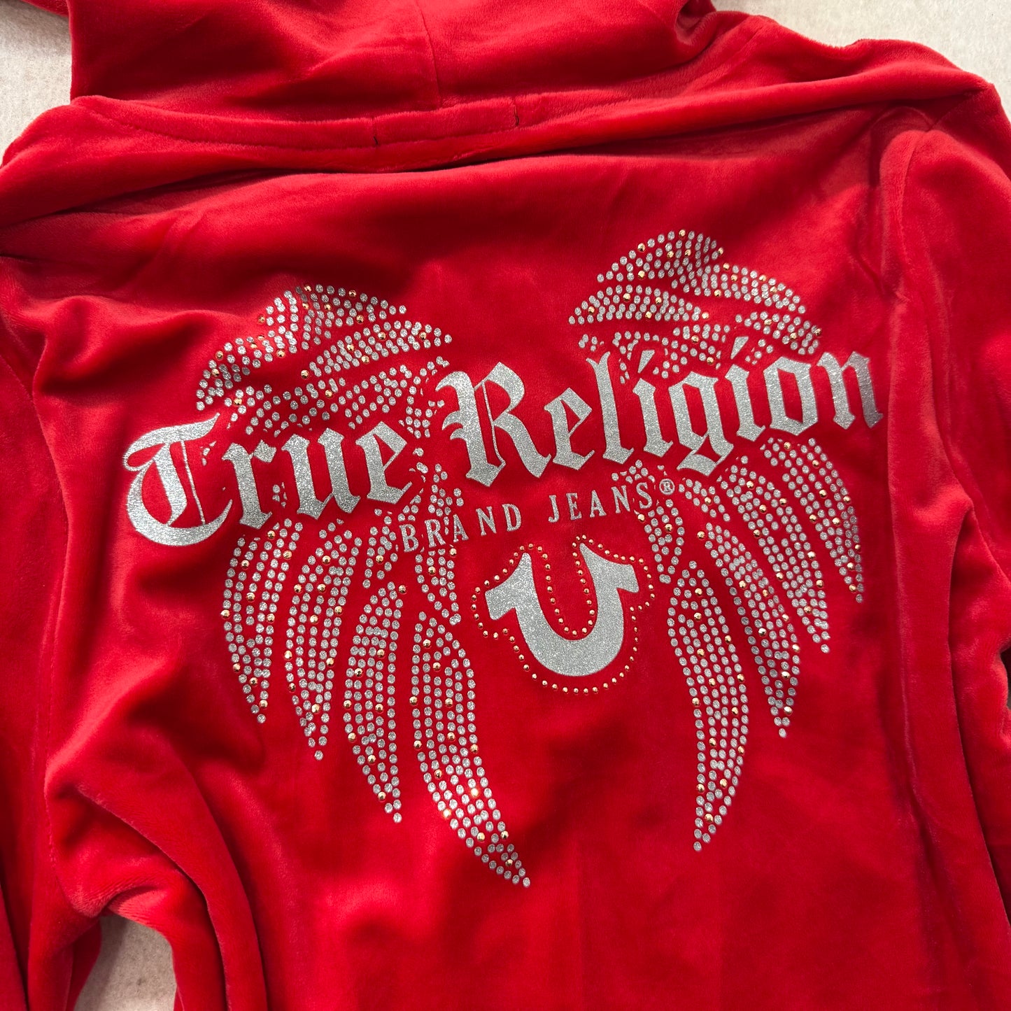True Religion Red Velour Rhinestone Wings Zip Hoodie Y2K NWT Size M