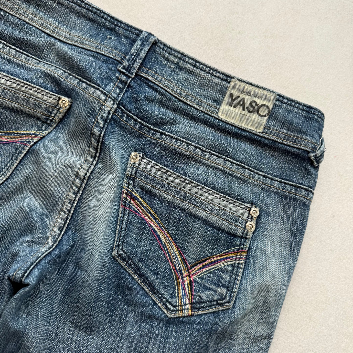 YASO Women's Blue Denim Distressed Bootcut Jeans Low Rise Pockets Y2K Size 5/6