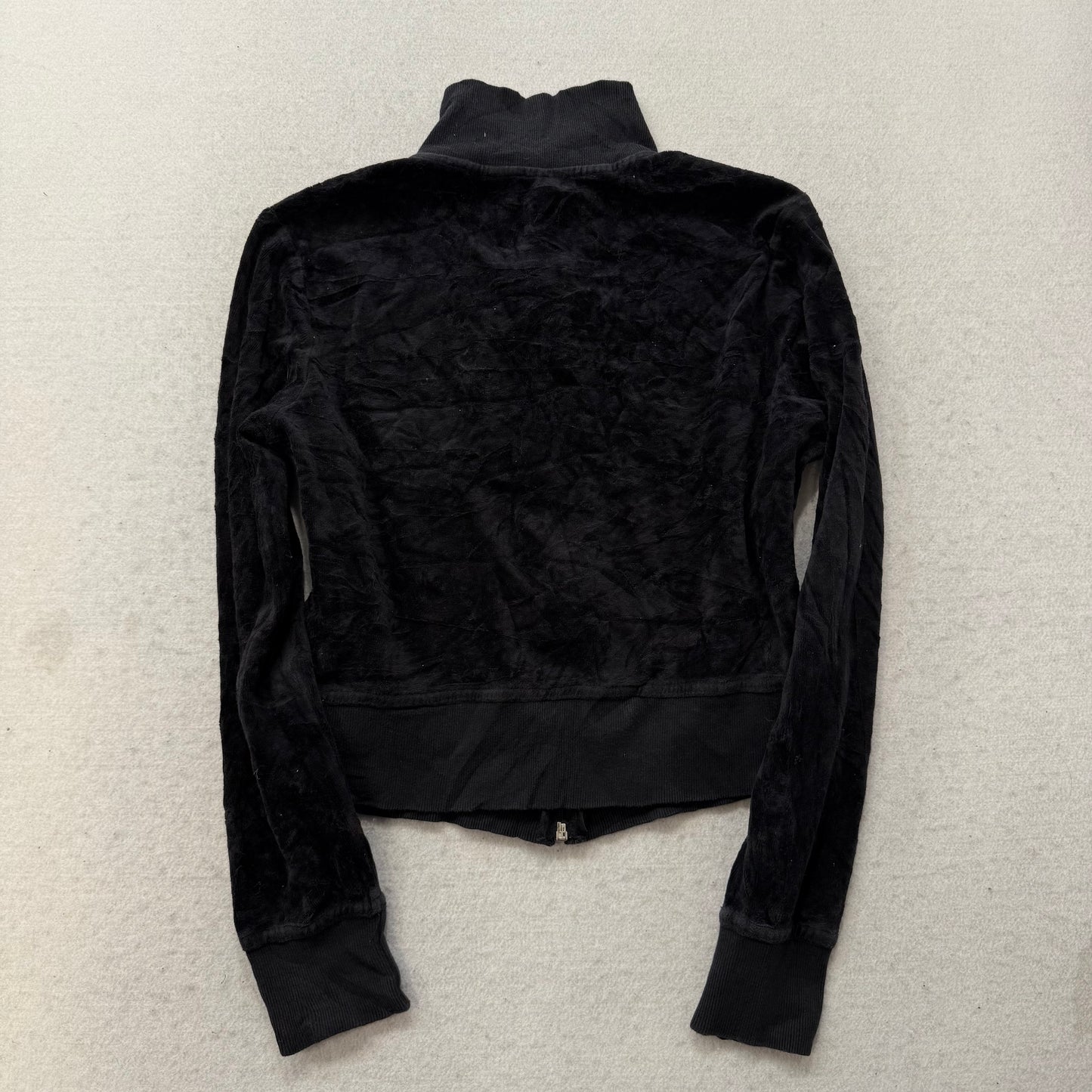 Bebe Women's Black Velour Full Zip Cropped Track Jacket Rhinestones Logo Size M