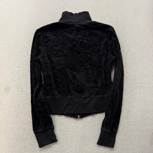 Bebe Women's Black Velour Full Zip Cropped Track Jacket Rhinestones Logo Size M
