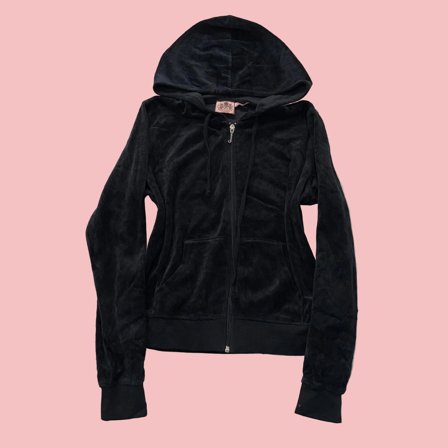 Vintage Juicy Couture Women Black Velour Zip-Up Hoodie Drawstring Pockets Size S