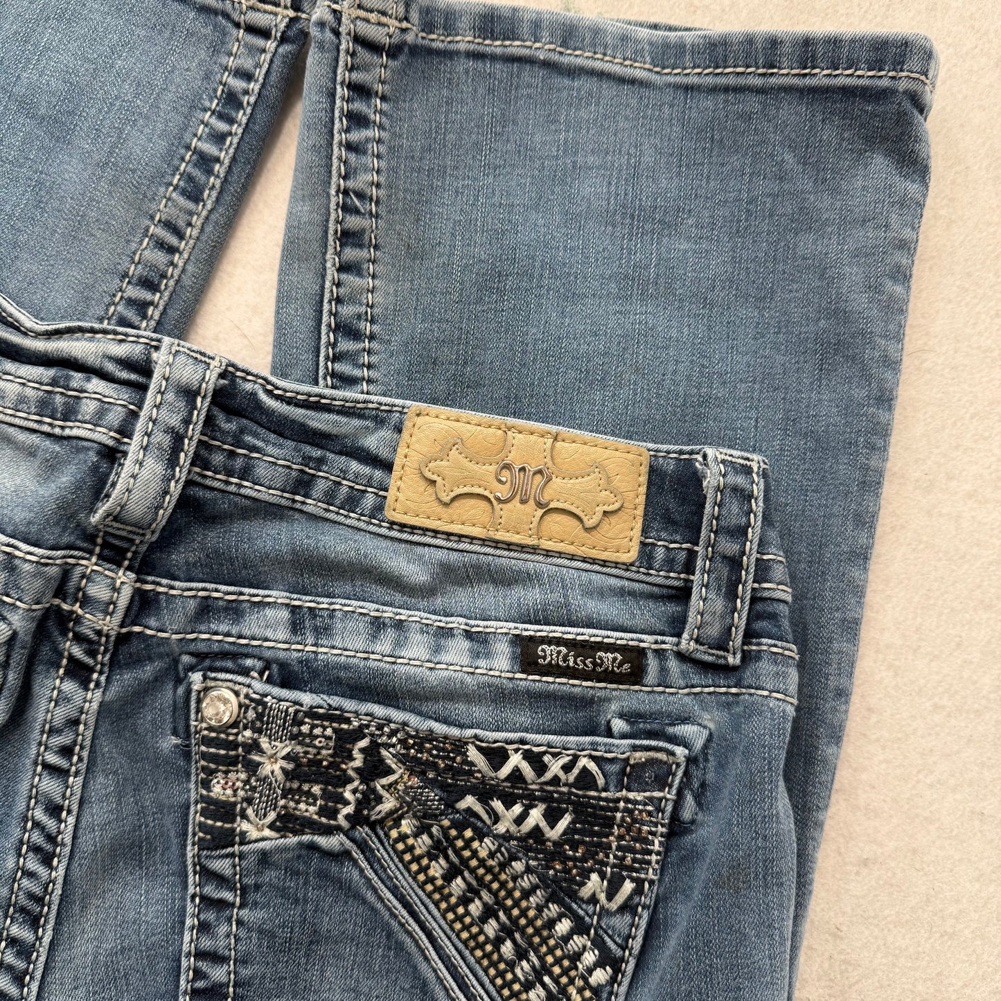 RARE Miss Me Blue Denim Flared Ornate Embellished Bootcut Jeans Low Rise Size 31