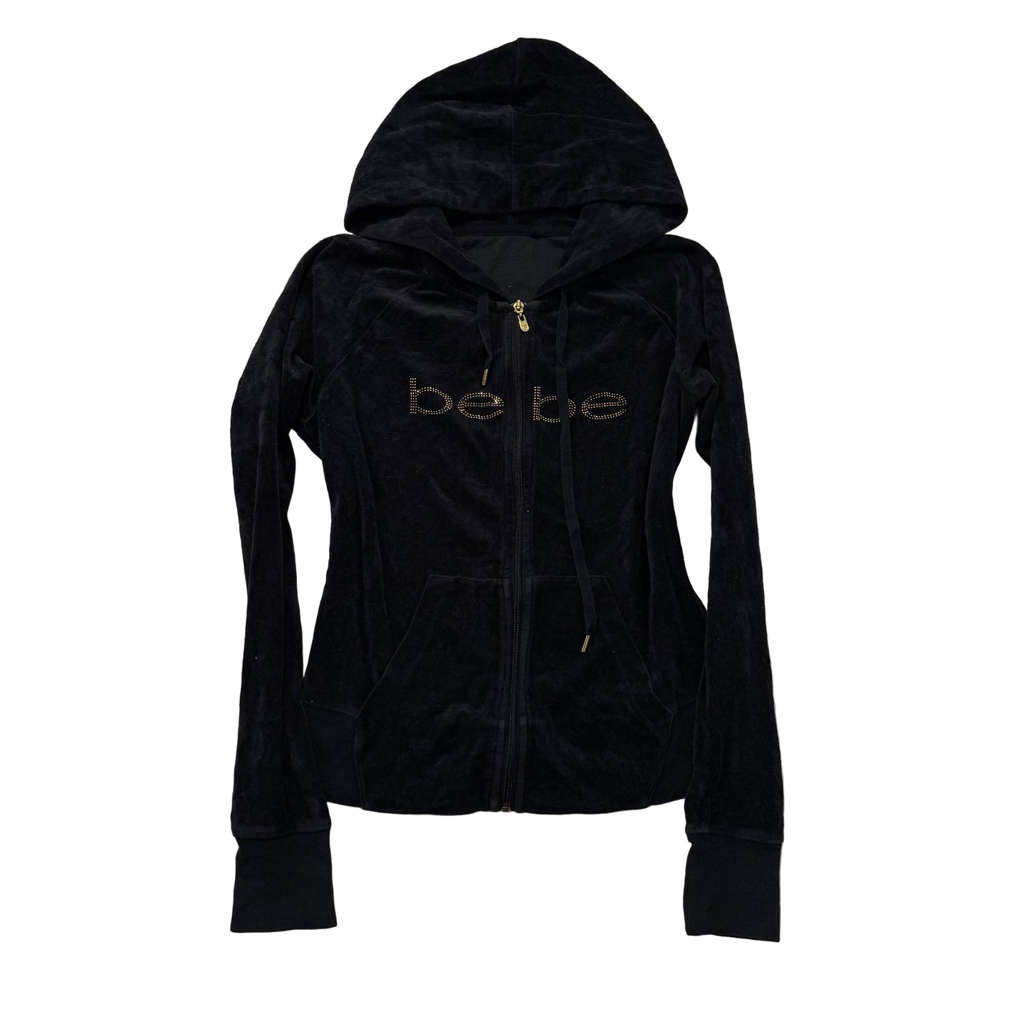 Bebe rhinestone black velour zip hoodie jacket size L