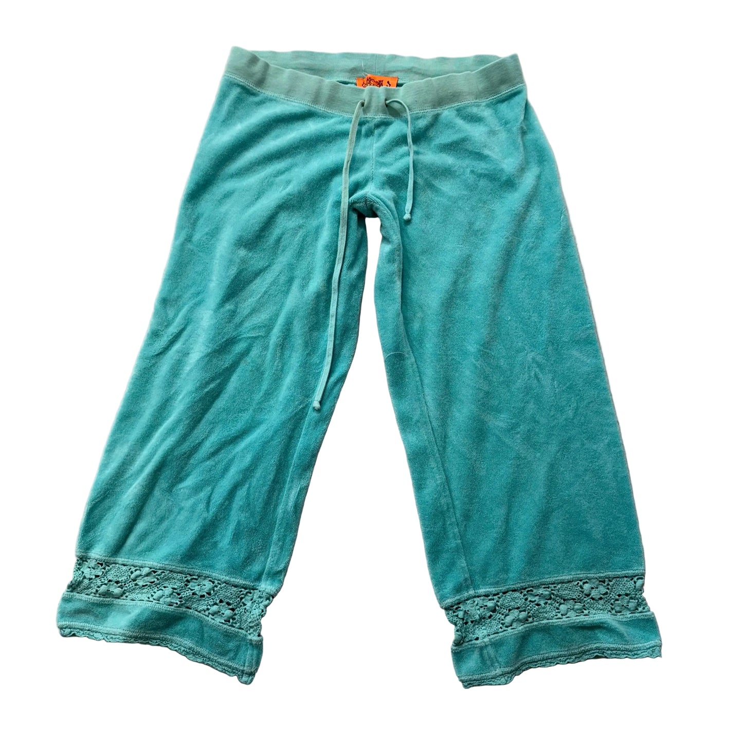 2003 Vintage Juicy Couture Women's Aqua Capri Pant Crochet Lace Trim Y2k Size S