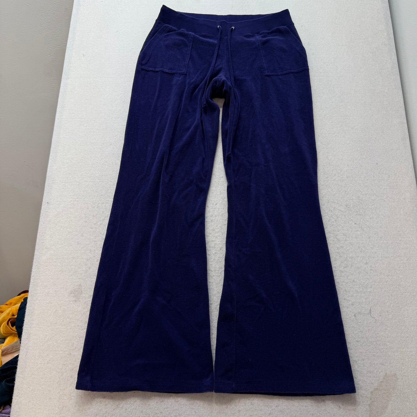 Juicy Couture Women's Navy Blue Terry Cloth Flared Leg Track Pant Pockets Size M