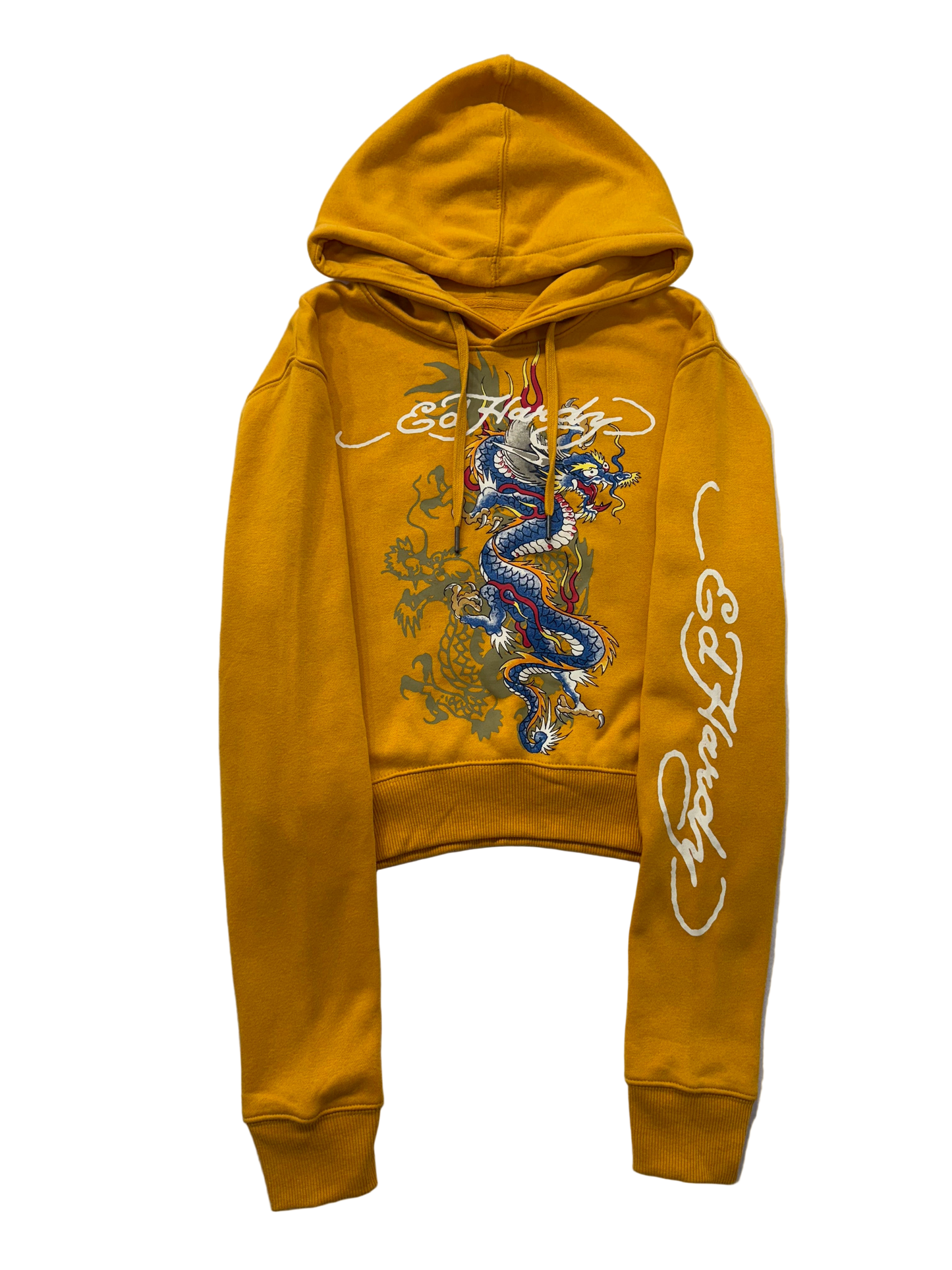 ED HARDY “Dragon” GOLDEN YELLOW CROPPED PULLOVER HOODIE - Clean Curriculums 