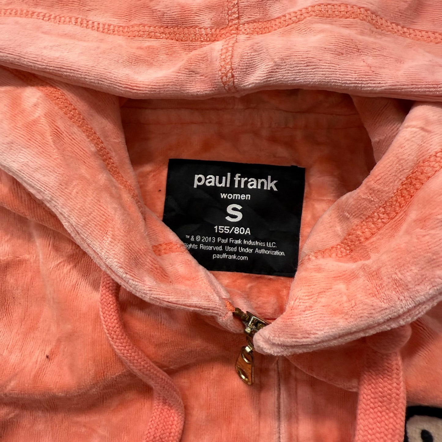 Paul Frank Womens Coral Pink Velour Zip Up Hoodie Embroidered Monkey Logo Size S