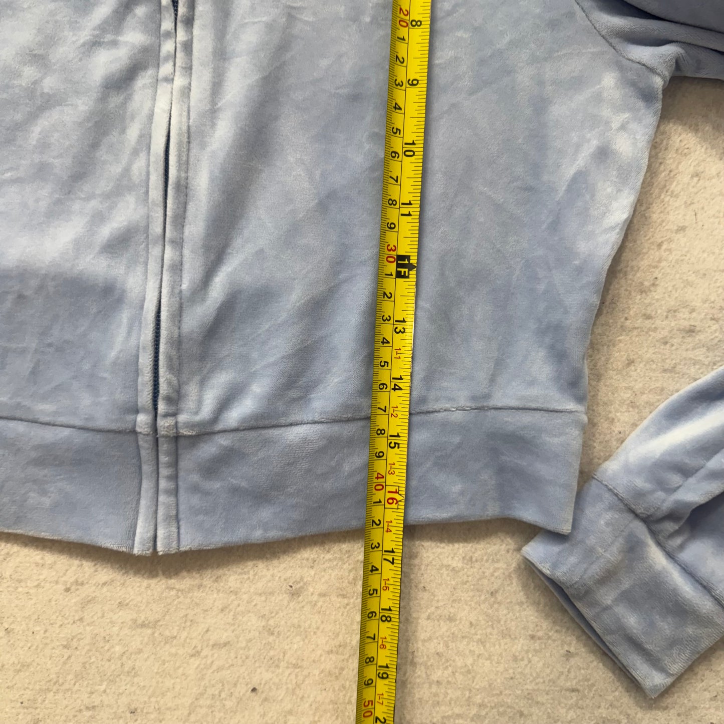Juicy Couture Women Powder Blue Velour Zip Up Cropped Hoodie Graphic Logo Size S