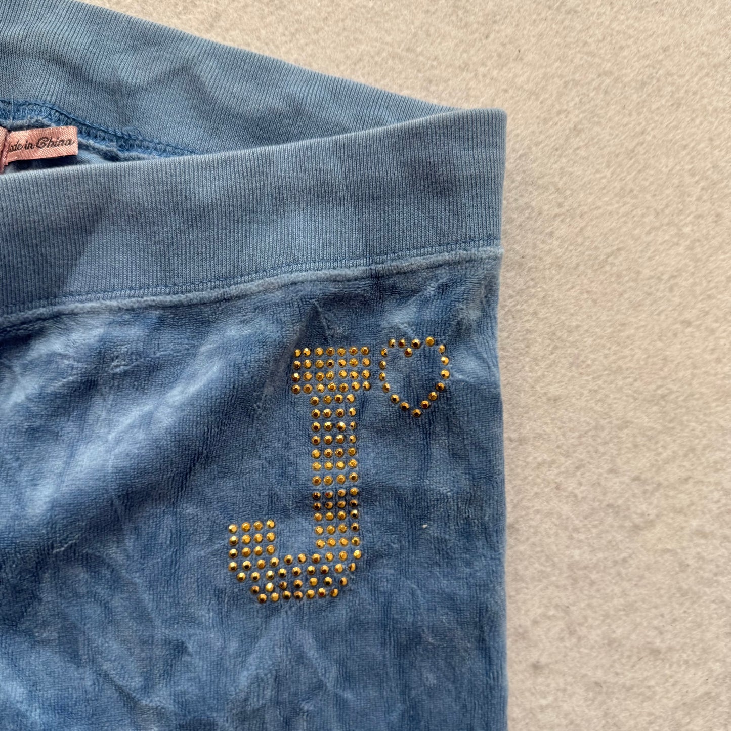 Juicy Couture Women's Slate Blue Velour Flare Track Pant Rhinestone Logo Size 14