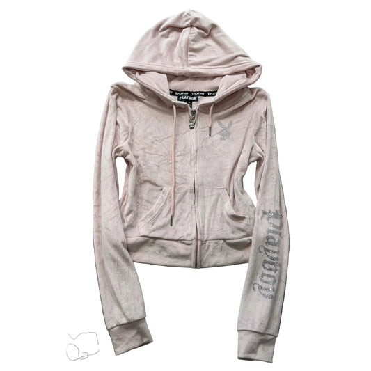Playboy Women's Pastel Pink Velour Cropped Zip Up Hoodie Loungewear Logo Size S