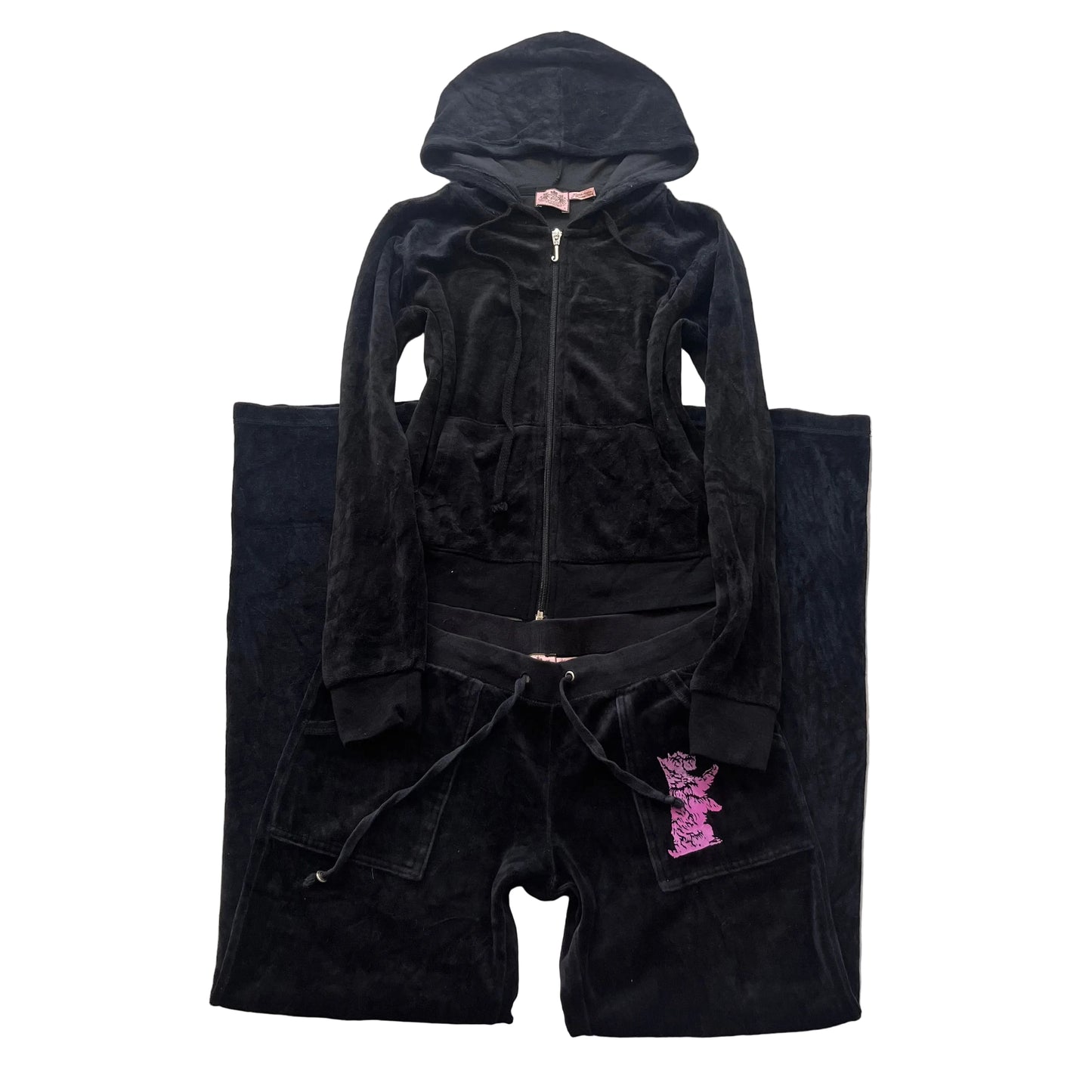 Vintage Juicy Couture Womens Black Velour Tracksuit Set Hoodie & Pant Y2k Size S
