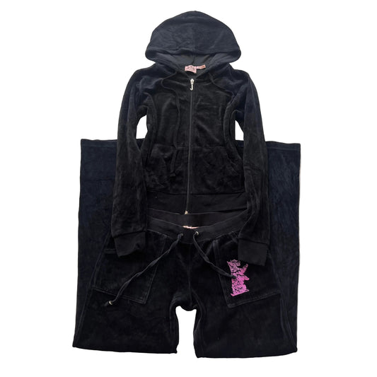 Vintage Juicy Couture Womens Black Velour Tracksuit Set Hoodie & Pant Y2k Size S