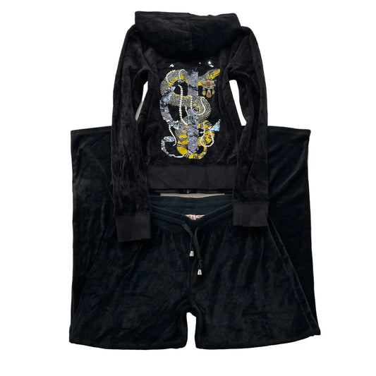 Juicy Couture Women's Black Velour Tracksuit Set Rhinestone Snake Design Size L
