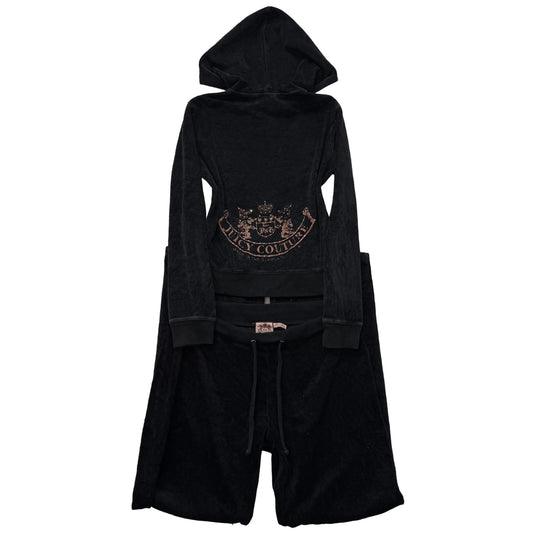 Juicy Couture Black Velour Tracksuit Set Zip Up Hoodie & Flared Pant Logo Size S