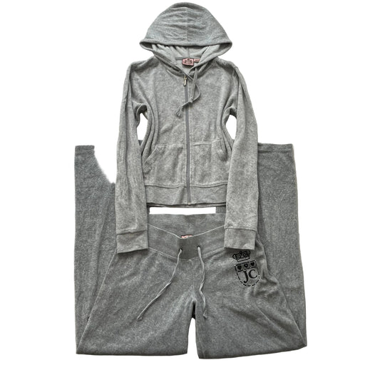 Vintage Juicy Couture Women Gray Velour Tracksuit Set Hoodie & Flare Pant Size S