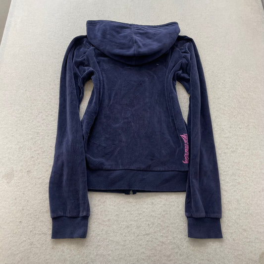 Juicy Couture Women's Navy Velour Zip-Up Hoodie Y2k Drawstring Dog Logo Size M