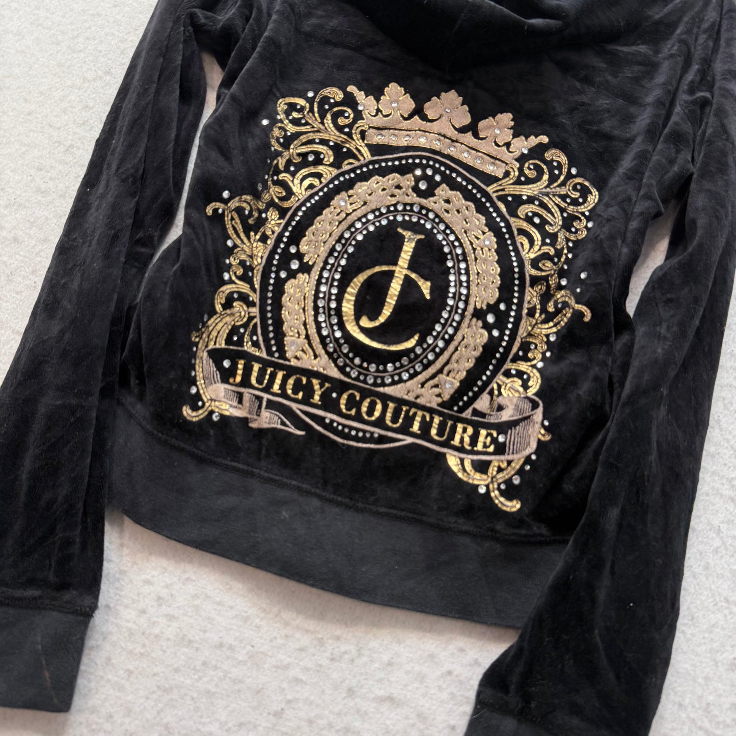 Juicy Couture Black Velour Tracksuit Set Hoodie & Pant Rhinestones Crown Size XL