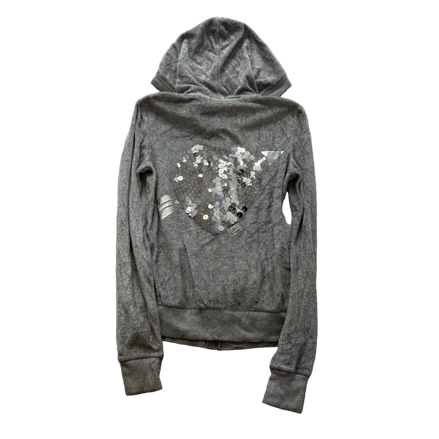 Victoria's Secret PINK Women's Gray Velour Zip-Up Hoodie Heart Sequin Size XS