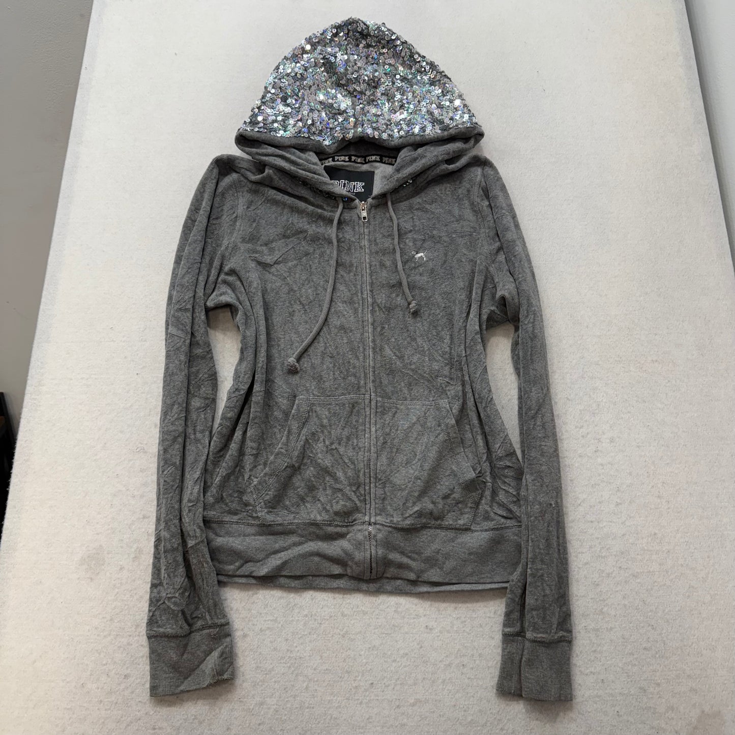PINK Victoria Secret Womens Gray Velour Zip Up Hoodie Sequins Hooded Logo Size L