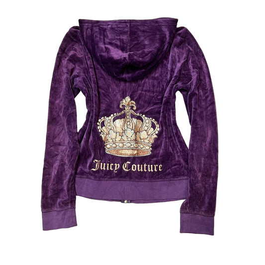 Juicy Couture Womens Deep Purple Velour Zip-Up Hoodie Crown Graphic Logo Size XL