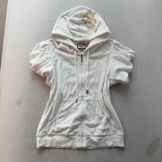 RARE Juicy Couture Womens White Velour Short Sleeve Floral Zip-Up Hoodie Size XL
