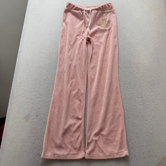 Juicy Couture Womens Pink Velour Flare Track Pant Loungewear Glitter Logo Size M