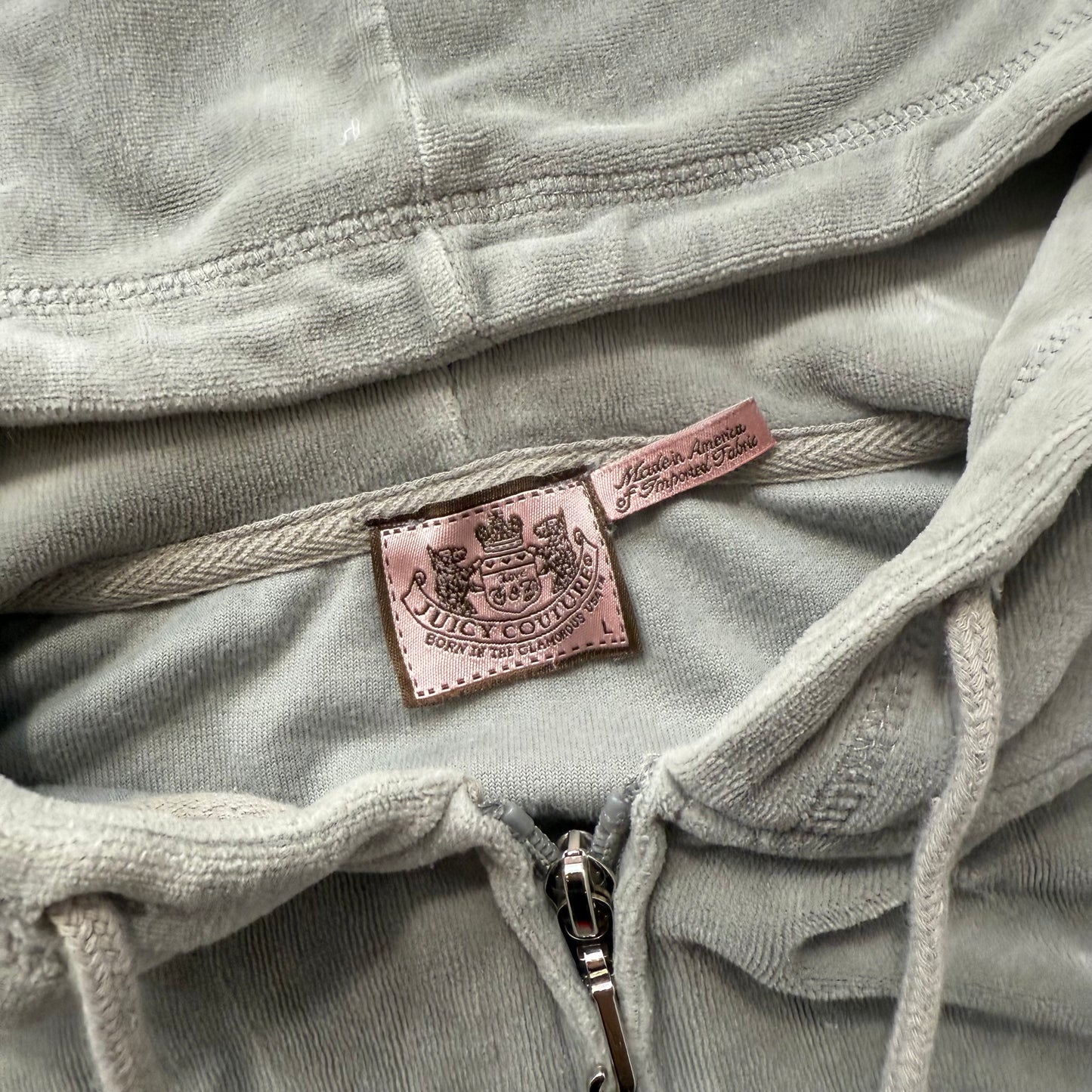 Vintage Juicy Couture Womens Gray Velour Zip-Up Hoodie Drawstring Pockets Size L