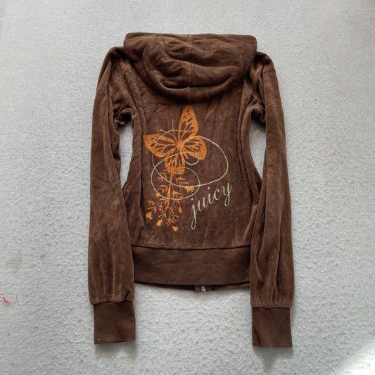 Vintage Juicy Couture Womens Brown Velour Zip-Up Hoodie Butterfly Graphic Size S
