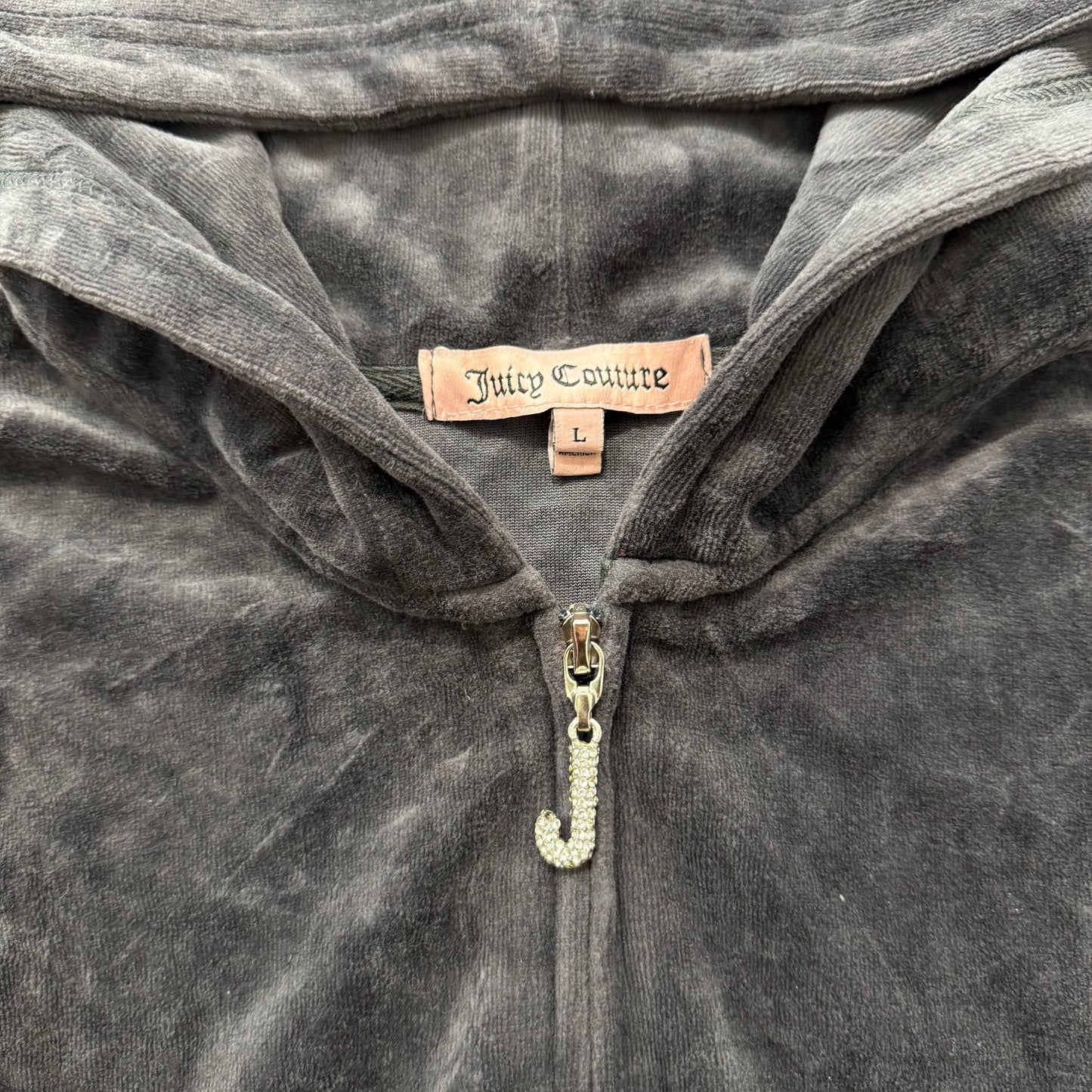 Juicy Couture Womens Charcoal Gray Velour Full Zip Hoodie Rhinestone Logo Size L