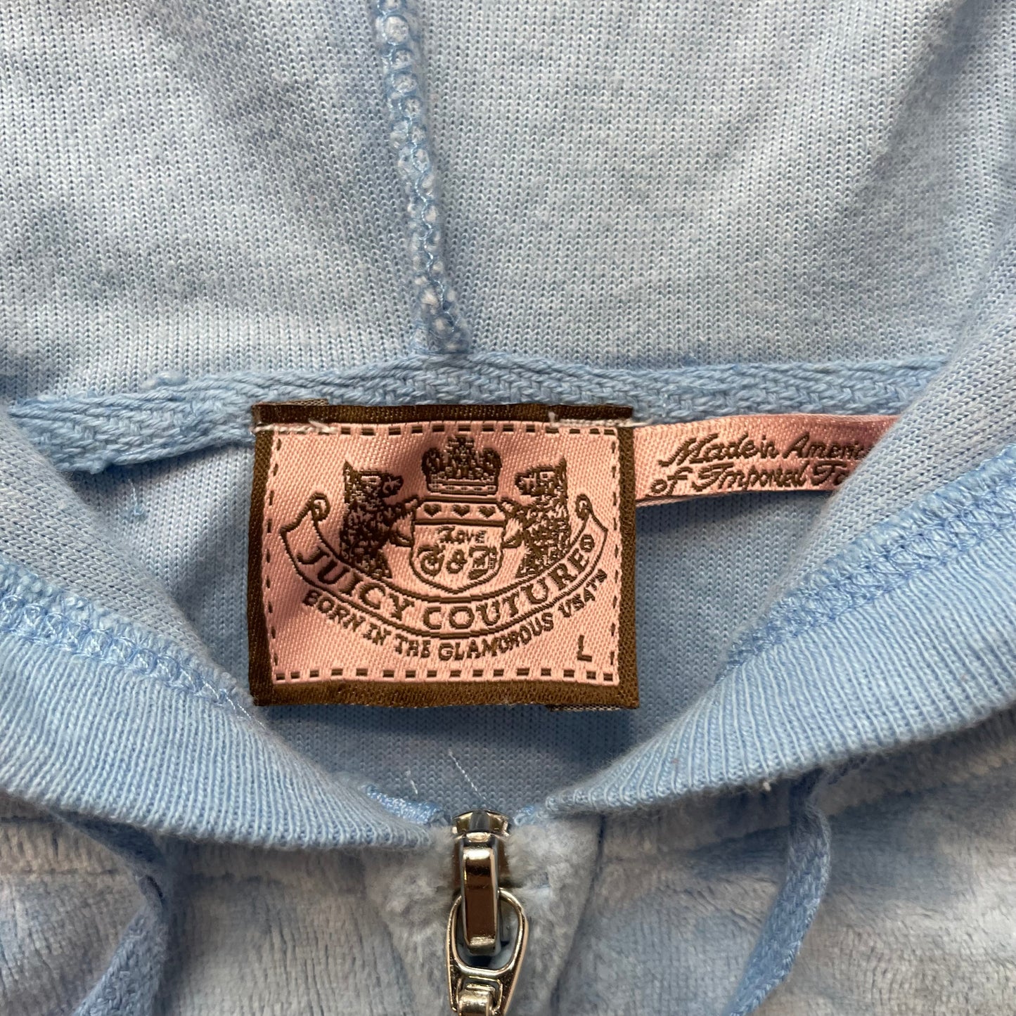 Vintage Juicy Couture Women's Pastel Blue Velour Zip-Up Hoodie Drawstring Size L