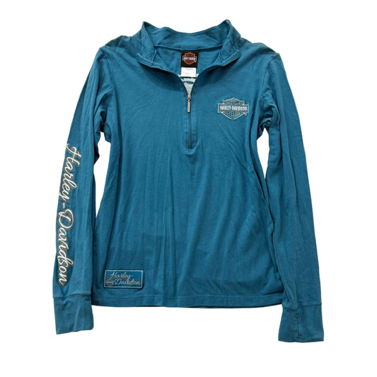 Harley Davidson Women's Teal Blue Cotton Pullover Shirt Quarter Zip Logo Size L
