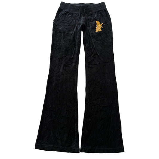 Vintage Juicy Couture Women's Black Velour Flared Leg Track Pant Dog Logo Size S