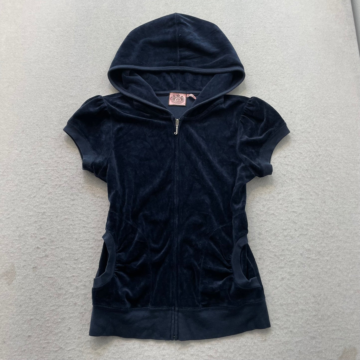 Juicy Couture Women's Navy Blue Velour Zip-Up Hoodie Short Sleeve Pockets Size M