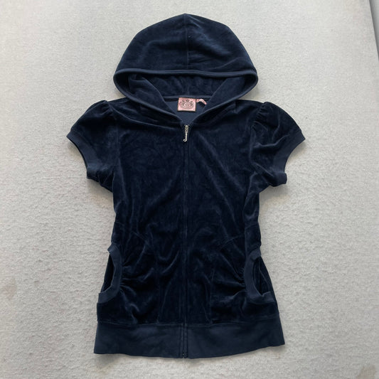Juicy Couture Women's Navy Blue Velour Zip-Up Hoodie Short Sleeve Pockets Size M