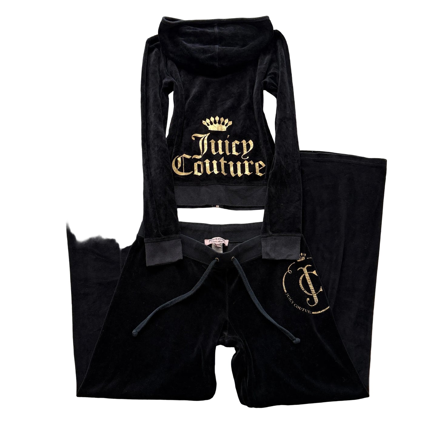 Juicy Couture Women's Black Velour Tracksuit Set Zip-Up Hoodie & Flared Pant - M
